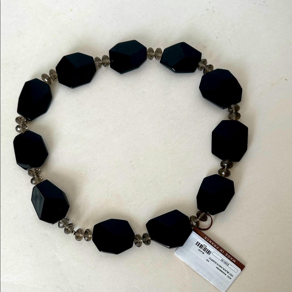 Elegant Black Beaded Necklace Large Hexagonal
Black Stones  with quarts beads